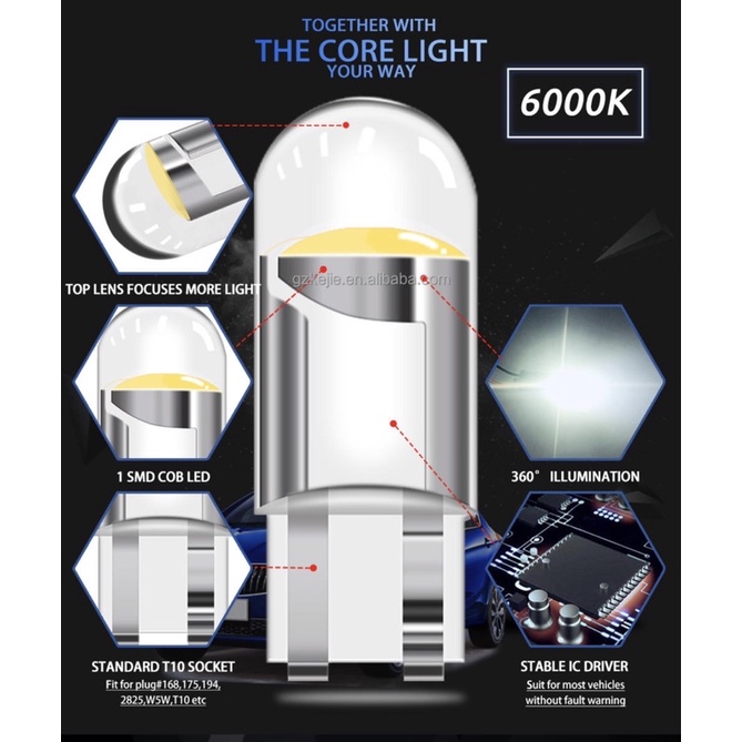 Lampu LED T10 W5W Mobil Motor Chip COB Body Kaca Resin Terang