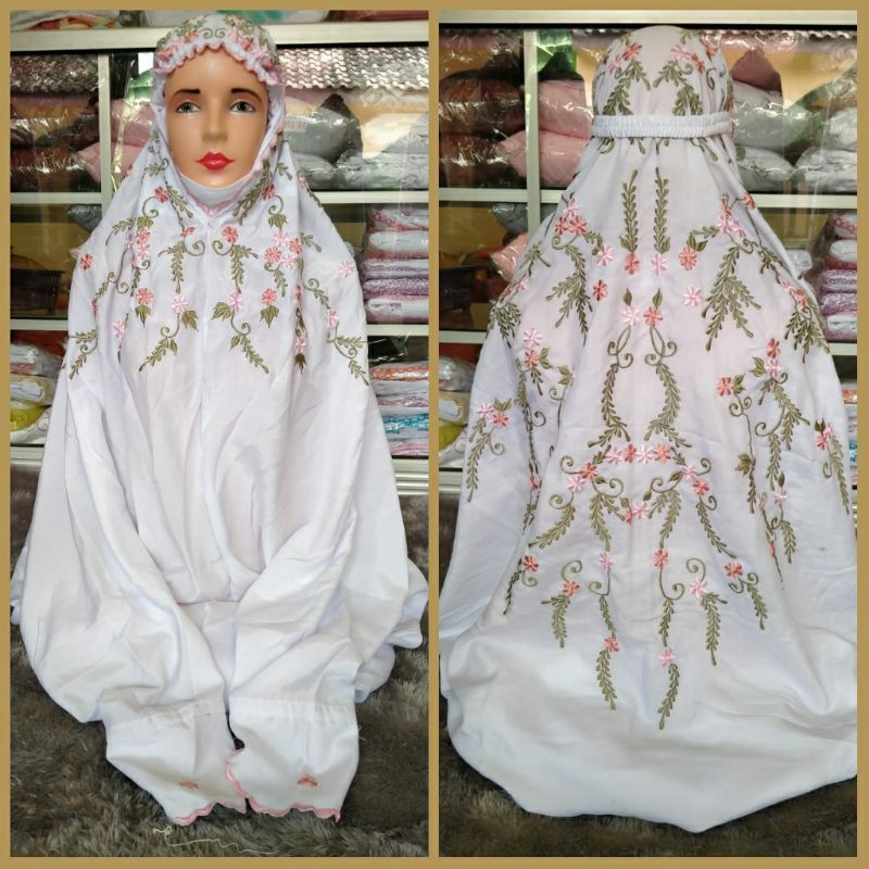 mukena terusan bordir motif melati dan daun2