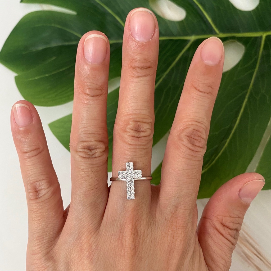 Cincin Emas Putih Cross Zircon Salib Kadar 75% 1.77 Gram Size 11.5