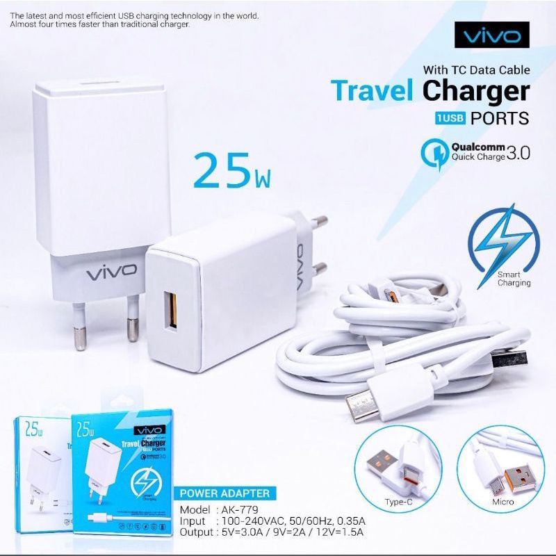 [SO] Tc Travel Charger Vivo AK-779 Micro Usb &amp; Type C Fast Charging Original 100%