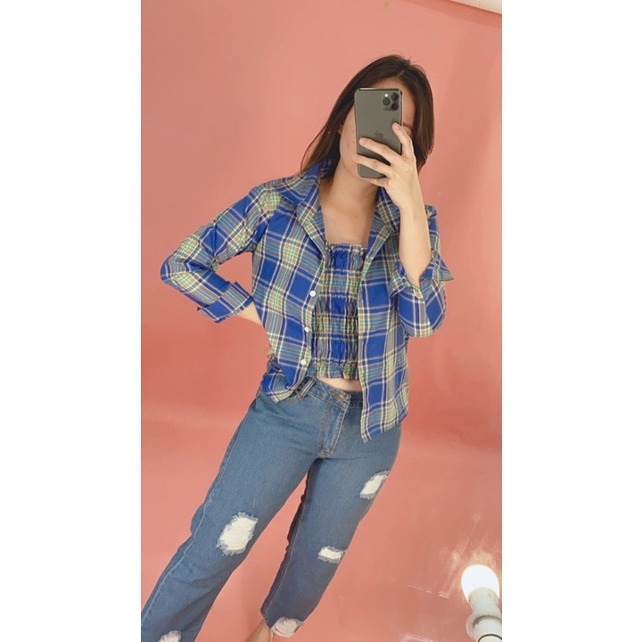 BEFAST - ZEC OOTD Wanita Setelan SATO / Set Emily / Setelan Wanita Luaran + Daleman / Setelan Terbaru / Dalaman Luaran Wanita Kemeja Kotak-Kotak 2in1 Top Pakaian Wanita