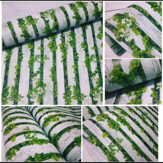 Wallpaper stiker motif daun rambat hijau dasar putih