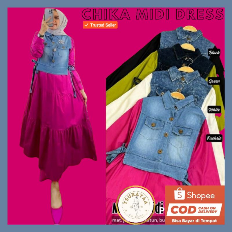 Chika Midi Dress Wanita Katun Twill Mix Rompi Jeans Original Products