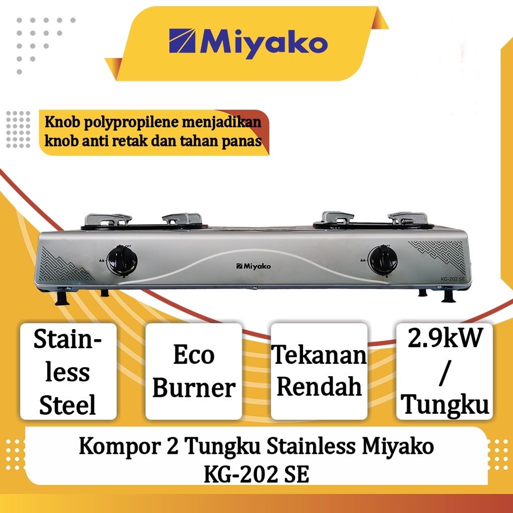 Miyako Kompor Gas 2 Tungku Stainless Steel KG-202SE FREE Paket Miyako Selang Gas Meter