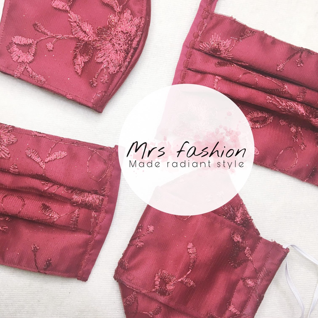 masker kain pesta kondangan hijab tiga lapis brokat brukat tile tule mix katun maroon marun - COD