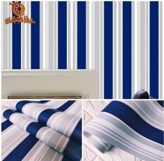 Wallpaper stiker dinding motif salur biru dongker mix silver