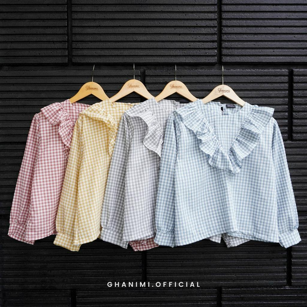 Ghanimi - Kesya Blouse / Blus Crinkle Motif Gingham / Crop Top tangan Panjang / Atasan Motif Ruffle / Atasan Kerja / Blouse Kerja / Atasan Casual / Blus Kerja / Blus unik / Blus kotak kotak