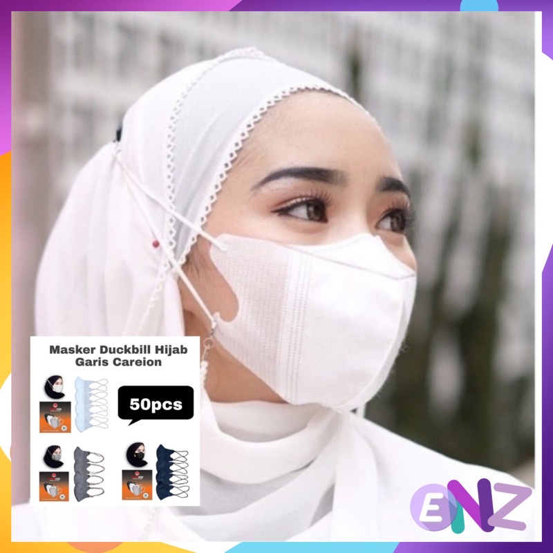 ENZ ® Masker Duckbill Hijab CAREION 3 Ply Masker Duckbill CAREION Headloop Masker Hijab Duckbill Earlop isi 50pcs 1029