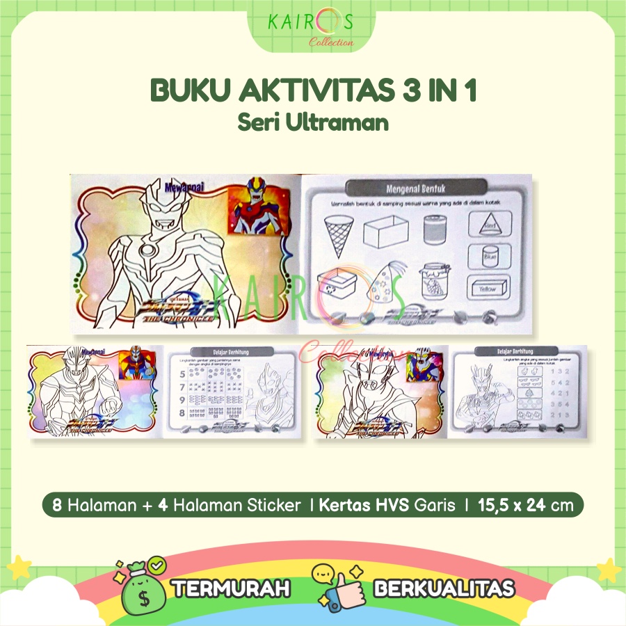 Buku Aktivitas Mewarna Sticker (3 in 1) Buku Gambar Anak Seri Ultraman