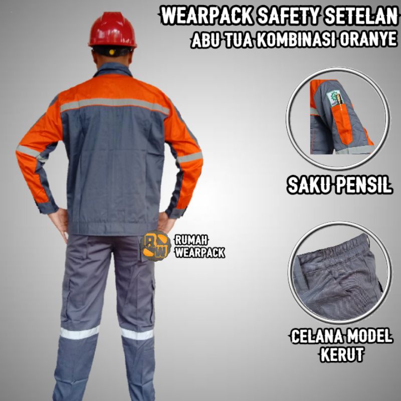 Setelan Wearpack dan Celana Warna Abu Tua Kombinasi Oranye