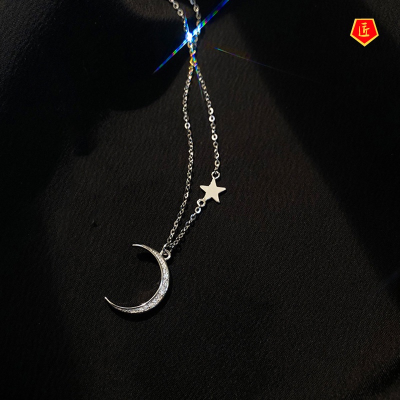 [Ready Stock]S925 Silver High-Grade Moon Star Necklace for Women Simple Personality