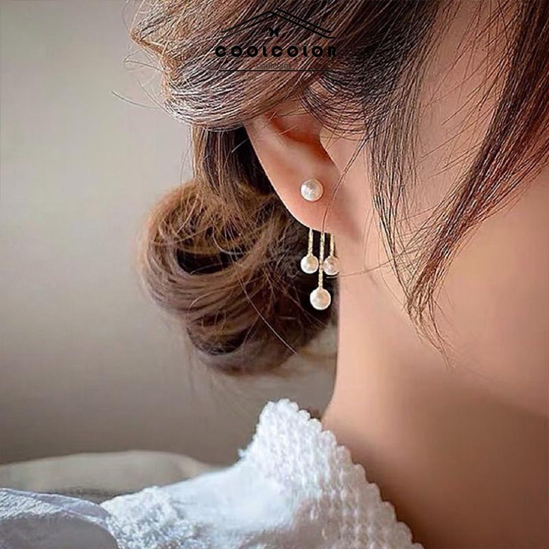 COD Anting Pearl Back Hanging Silver Needle Earrings Temperamen All-Match Anting Wanita Halus- cl