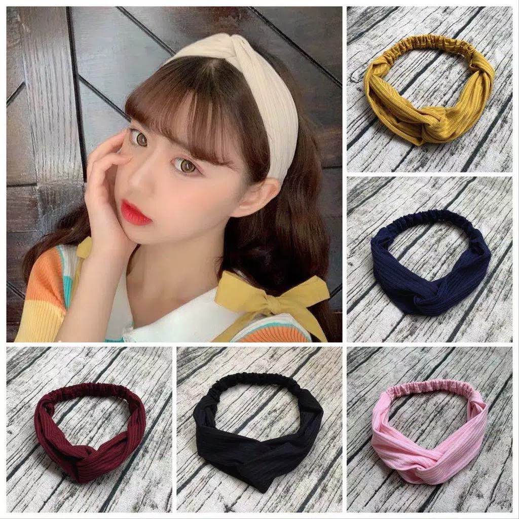 Bando Bandana Motif Salur Wanita /Bandana Polos Simpul Korean Style / Aksesoris Rambut Wanita