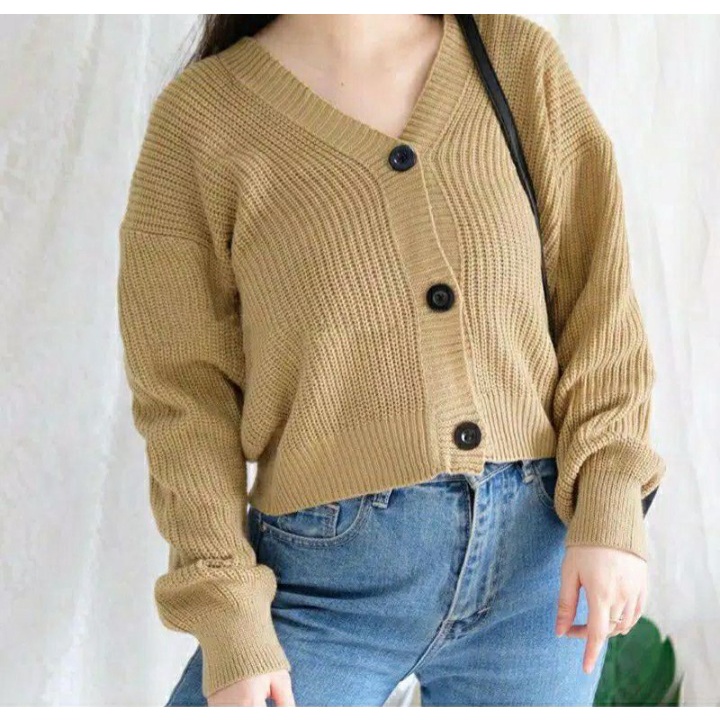 CROP CARDI ELLENA/BAJU WANITA BAHAN RAJUT 7 GATE/OVER SIZE TANGAN PANJANG MOTIP KANCING