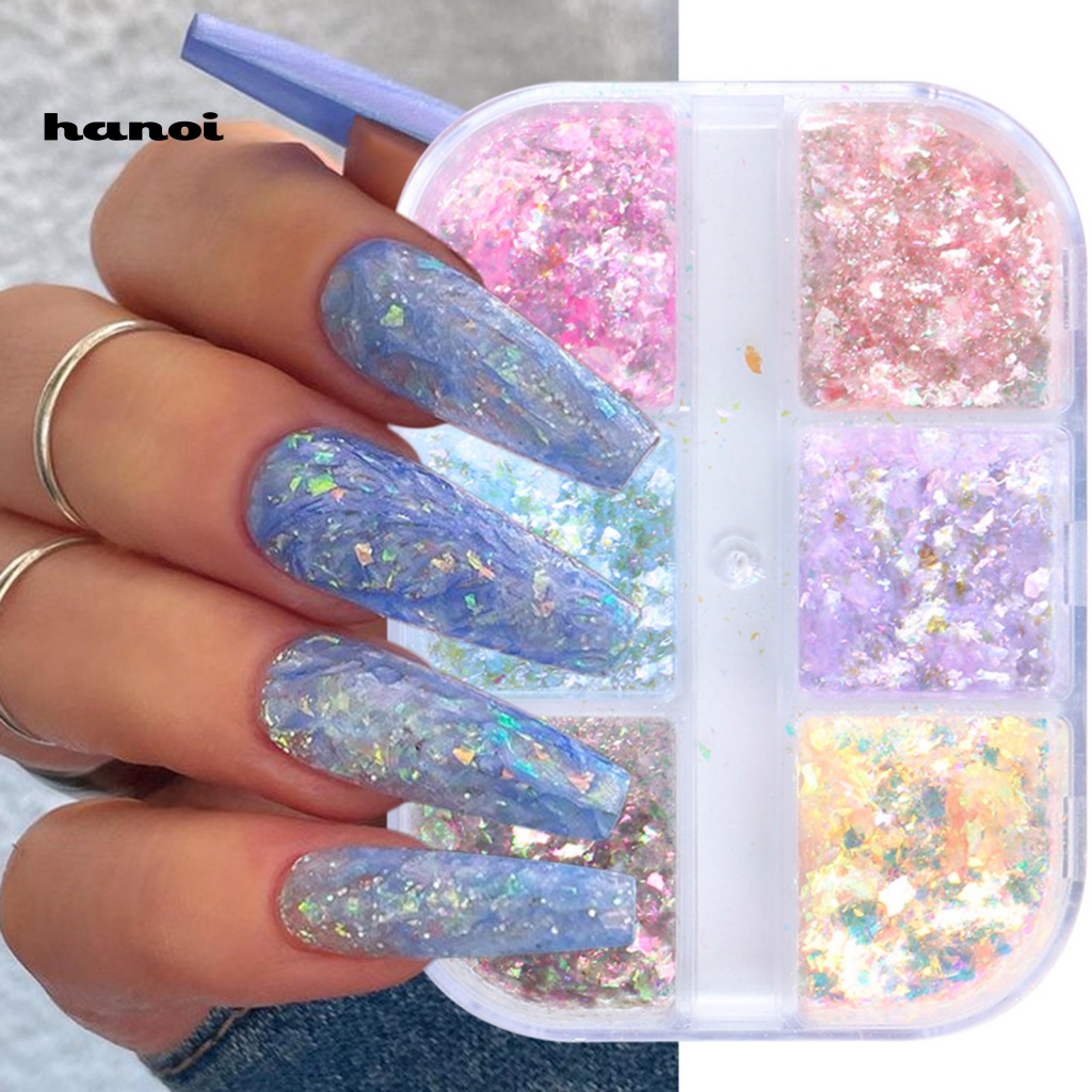 Han 1 Kotak Payet Glitter 6 Sekat Untuk Dekorasi Nail Art / Manicure DIY