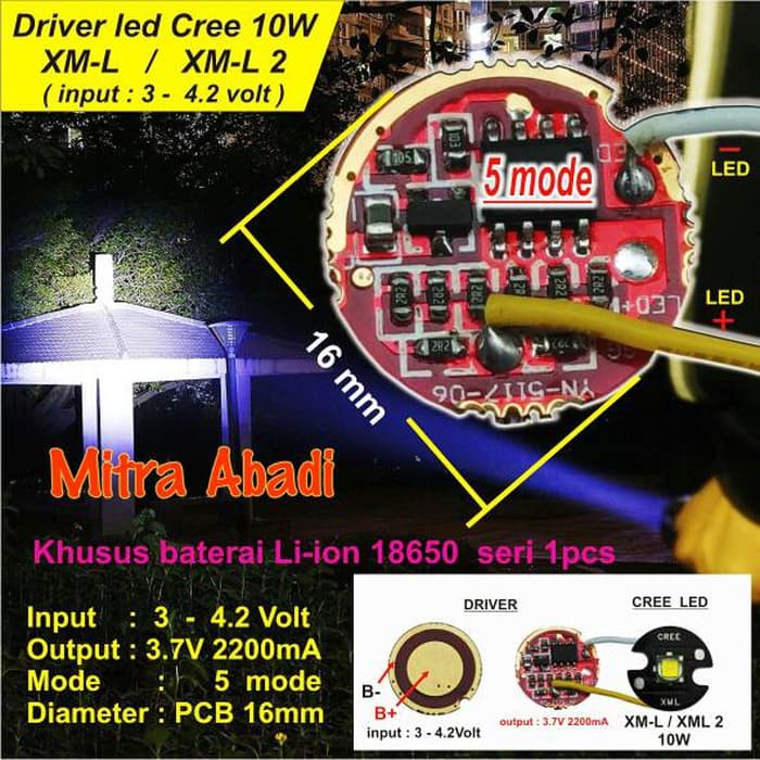 LED Driver CREE 10 Watt XML/XM-L2 2200 mA Diameter 16 mm Tanpa Casing