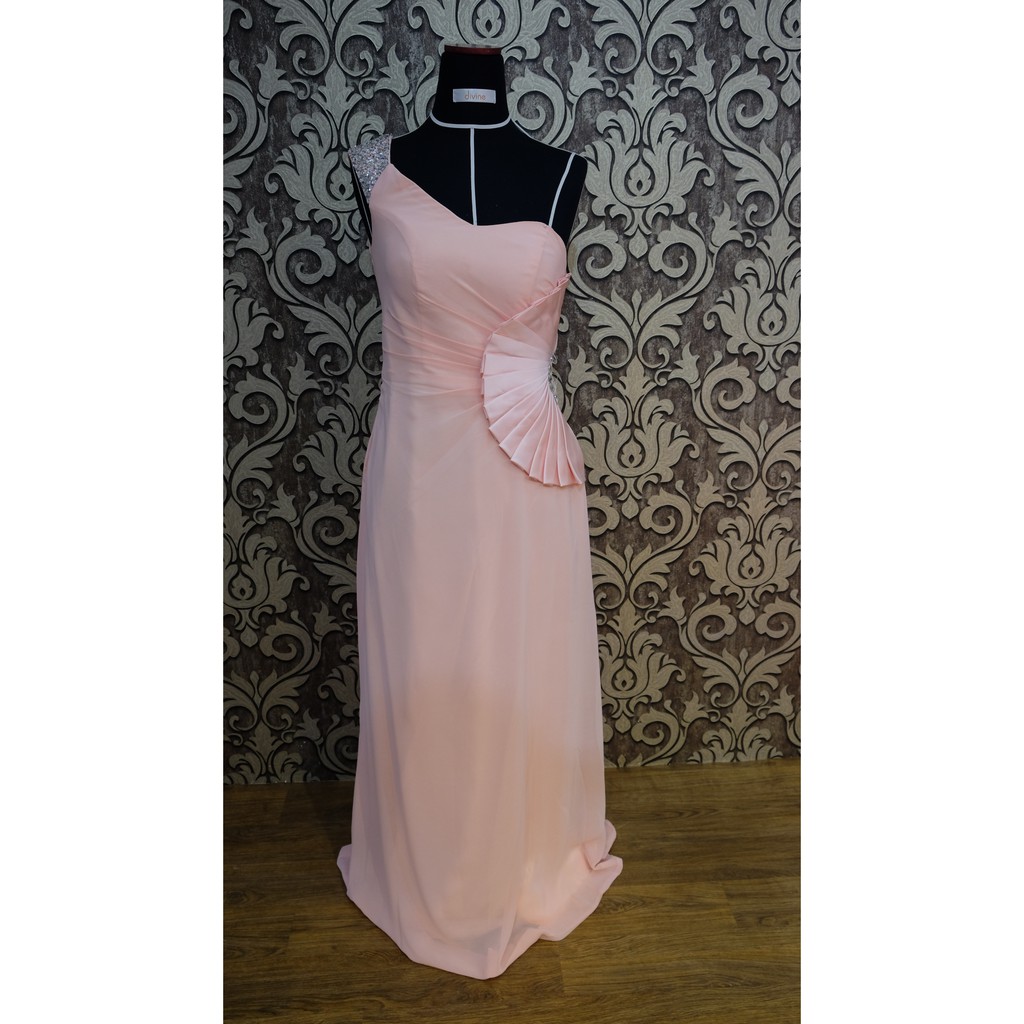 long dress one shoulder peach salem pink gaun second