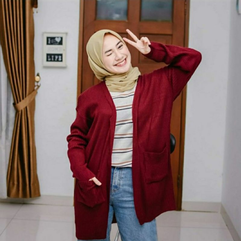 Long cardigan | Cardigan rajut panjang | Long cardy-Maroon