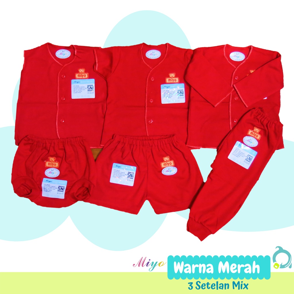 MIYO 3 Stelan Mix (Panjang + Pendek + Kuntung) Merah Size Newborn | 3-6 Bulan (1 Paket)