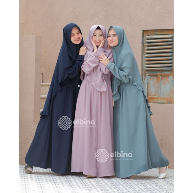 Dress dan Khimar Embun Original Elbina Hijab Gamis Polos Syar'i Kualitas Premium Jasmine Crepe Busui