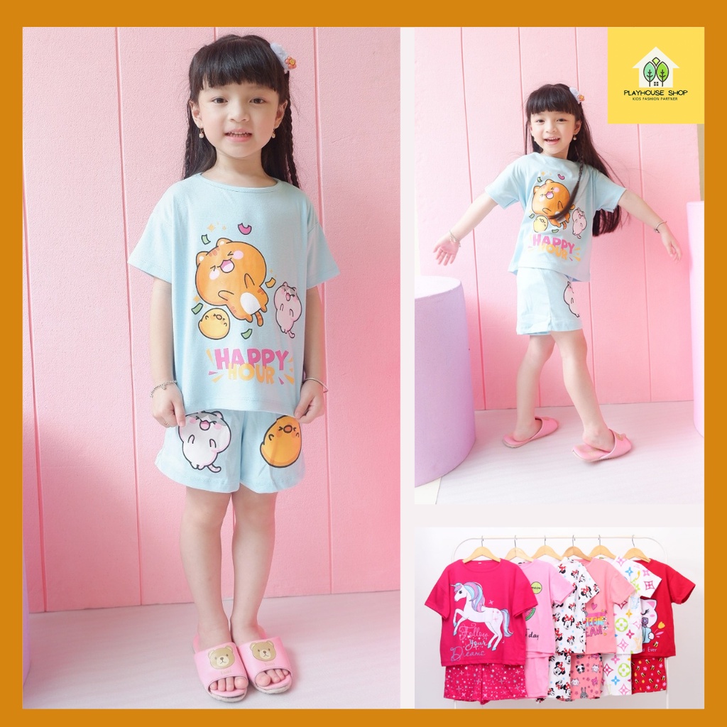 Baju Anak Perempuan Setelan Kaos umur 4-15 Tahun/Stelan Pendek Anak cewek/Baju Rumah Anak Perempuan