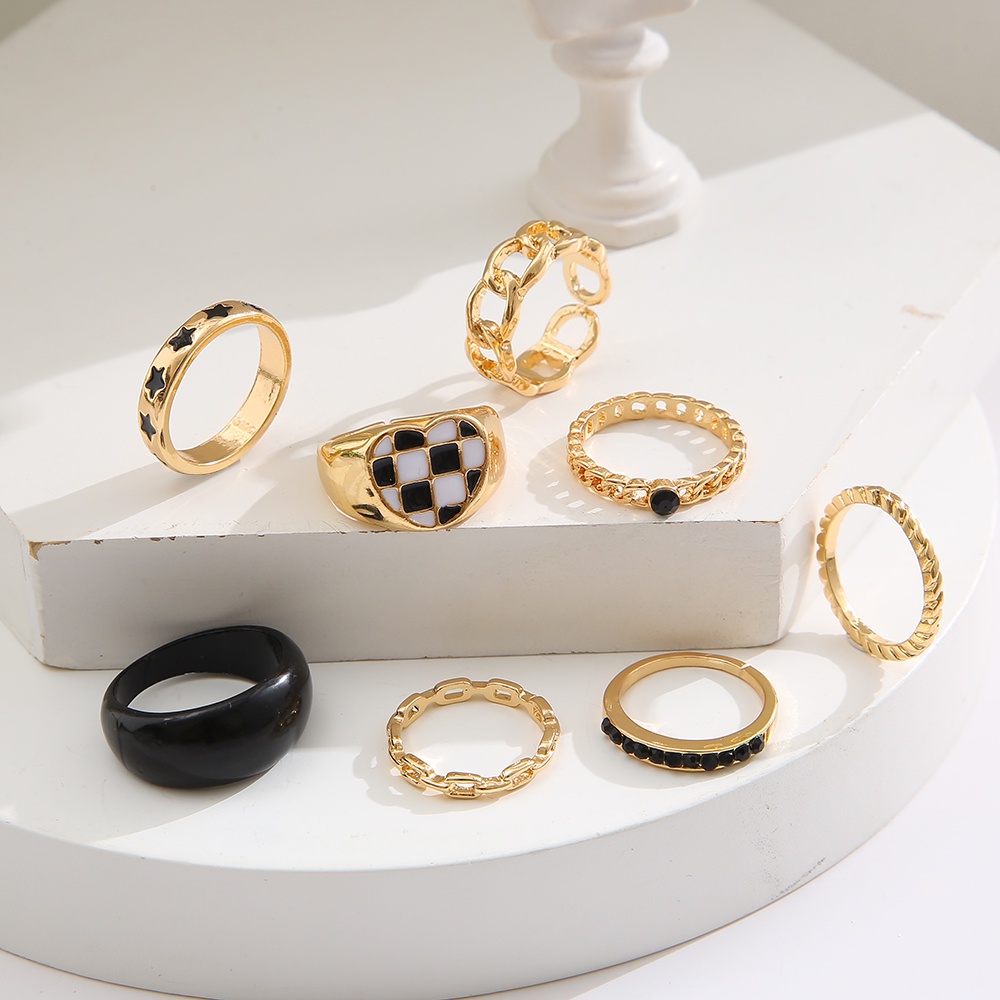 IFYOU 8pcs / Set Cincin Resin Desain Bintang Grid Hitam Putih Gaya Vintage Untuk Wanita