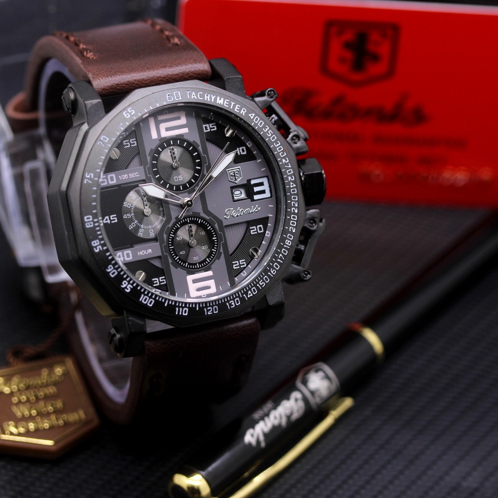 Jam Tangan Pria Tetonis 6012 Kulit Original Body Hitam Bonus Pen