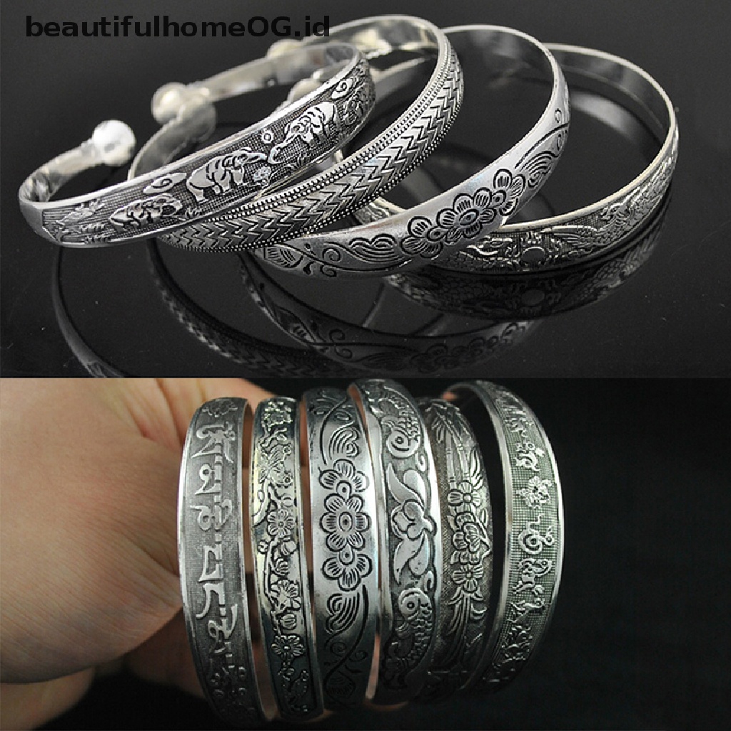 Gelang Model Terbuka Desain Ukiran Totem Warna Silver Gaya Retro Vintage Tibet