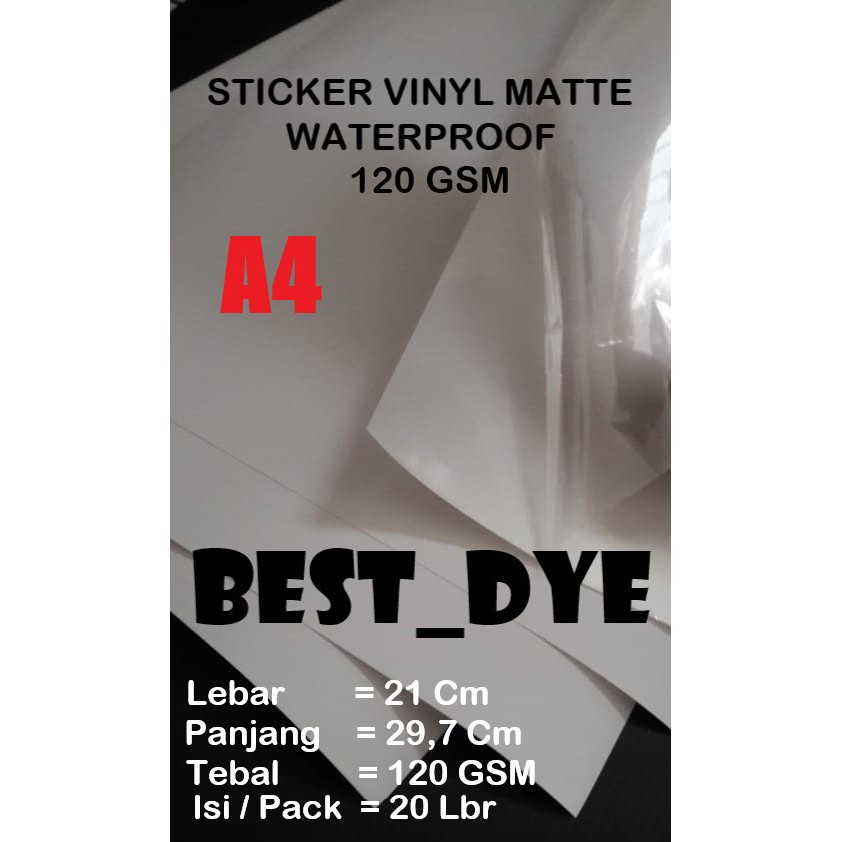 

Sticker Vinyl MATTE Inkjet WATERPROOF 120 GSM , A4= 21 x 29,7 CM @ 20 Lembar