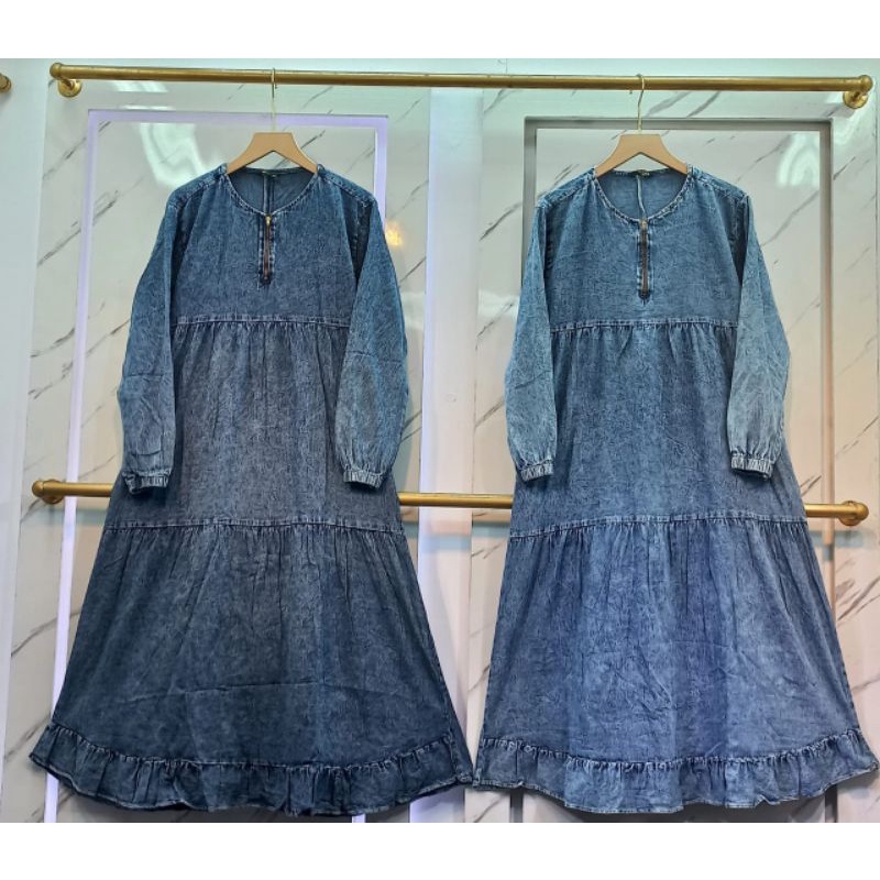 Midi Dress Jeans | Gamis Midi Jeans Snow blue