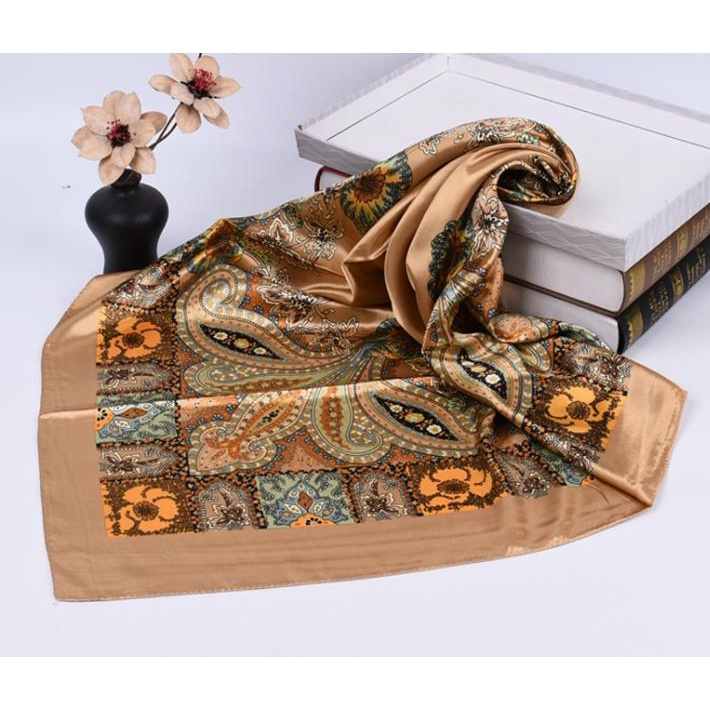 90x90 cm Syal Persegi Besar Satin Jilbab Wanita Hijab Pola Persegi Panjang Bahan High Grade Silk Immitation outer scarf Sunscreen scarf outer Korea fashion aksesoris