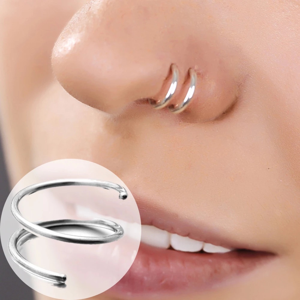 Cincin Tindik Hidung Bahan Stainless Steel Model Double Layer Gaya Hip Hop Punk Untuk Pria Dan Wanita