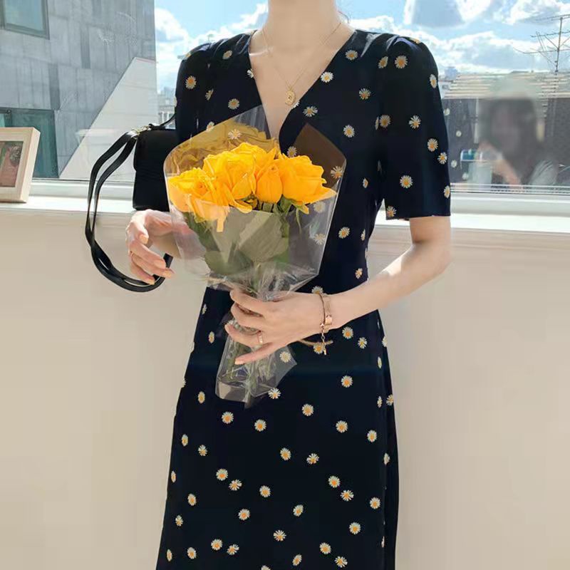 FANMU Dress Navy Lengan Pendek Motif Bunga Gaya Korea