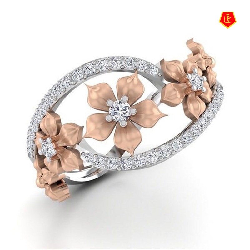 [Ready Stock]Color Separation Ring Female 18K Rose Gold Flower Rhinestone-Embedded Ring