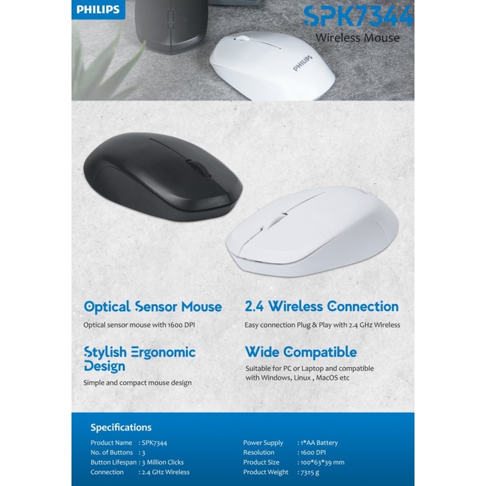 Mouse Philips M344 Wireless M-344 Office Ergonomic Design