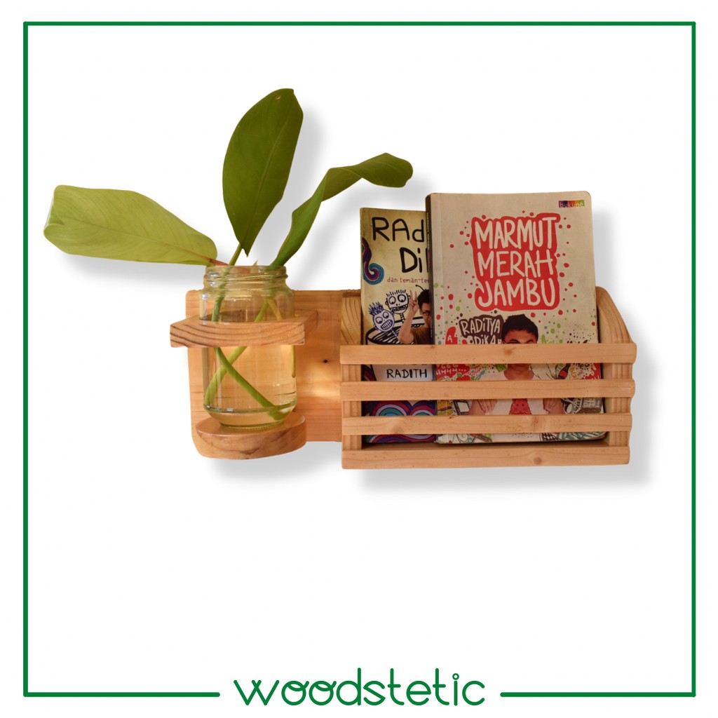 Rak Dinding Dengan Pot Tanaman Air Rak Buku Majalah Dinding Minimalis Kayu Jati Dekorasi Hanging Boo