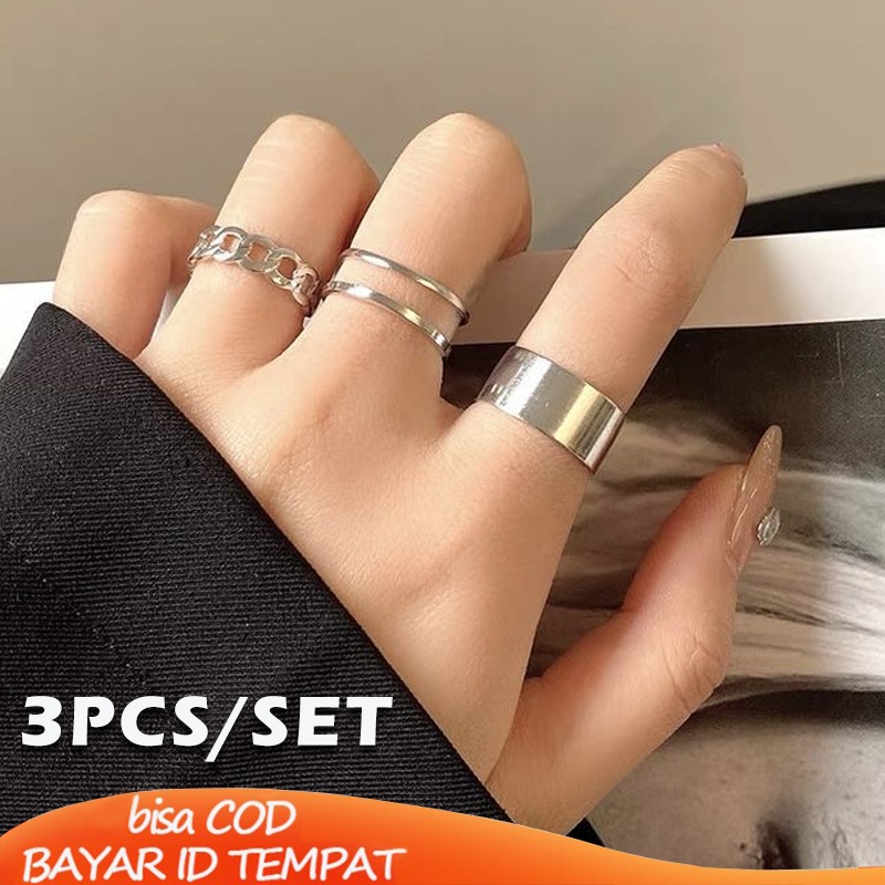 [Ready Stock] 3 Pcs/set Cincin Wanita Pria Korea ins Ring Silver Gaya Punk Hip Hop Unisex Aksesoris Jewelry Fashion Murah Hadiah Ulang Tahun COD