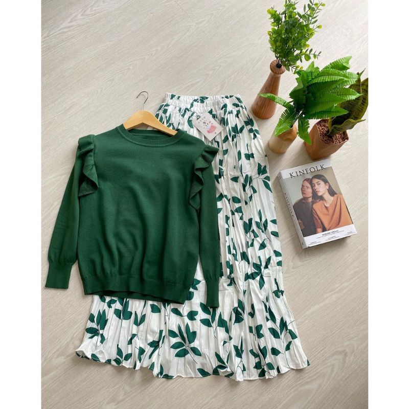 Setelan wanita import rok plisket emerald