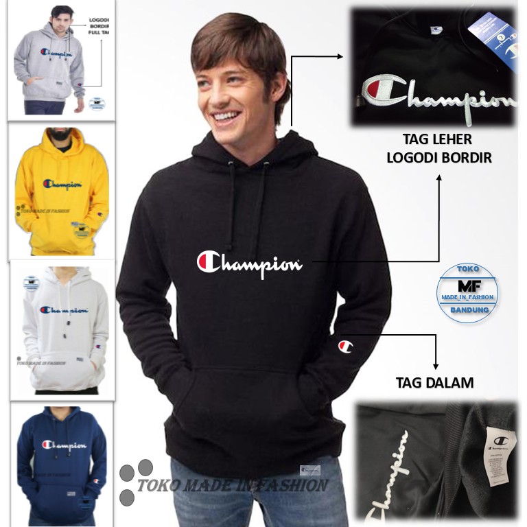 Sweater Hoodie Champion Premium Motif Tulisan Bordir Full Tag wash Original