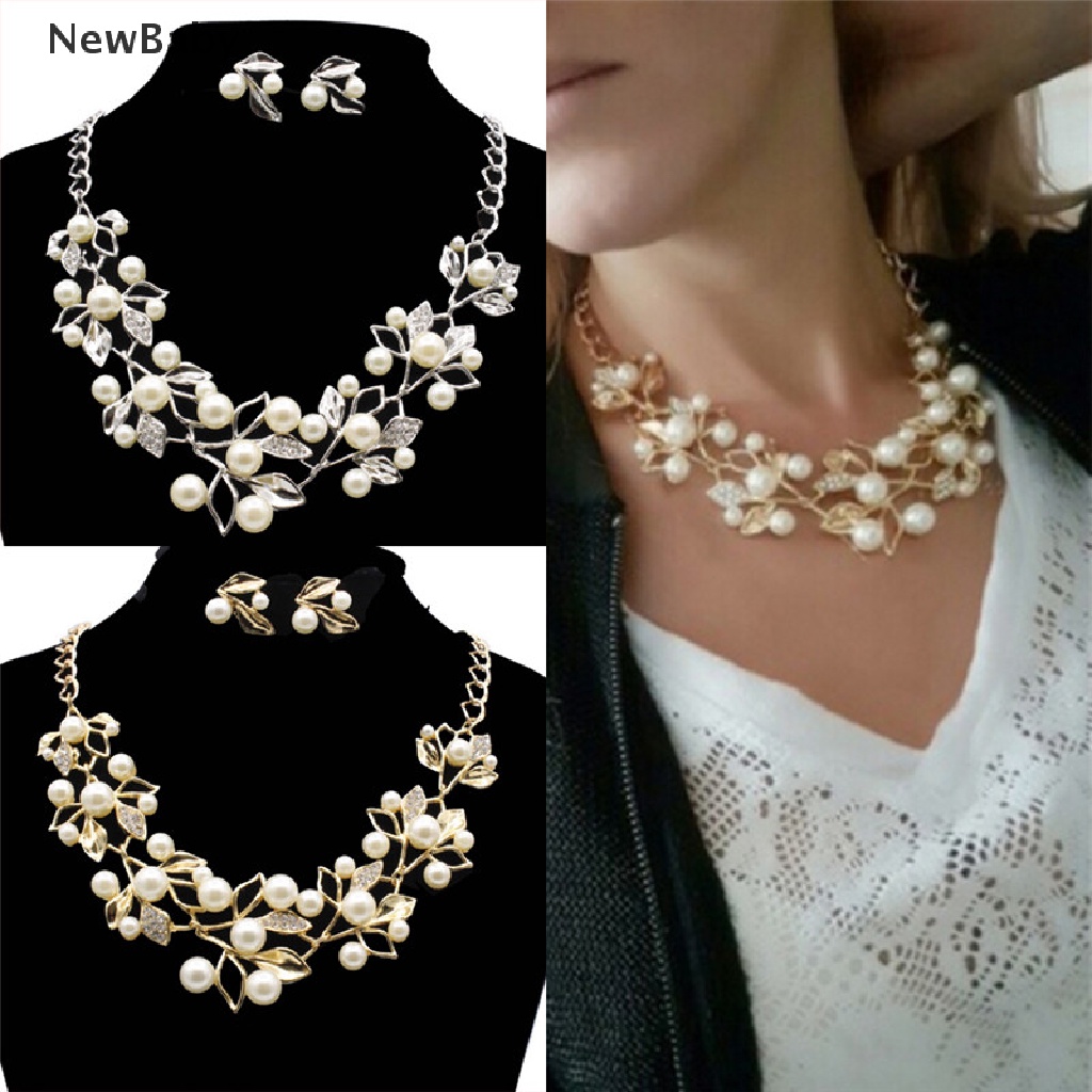 NewBaby Pearls Crystal Tree Leaves Necklace Earring  Elegant Ladies Luxury Jewelry Set  ID