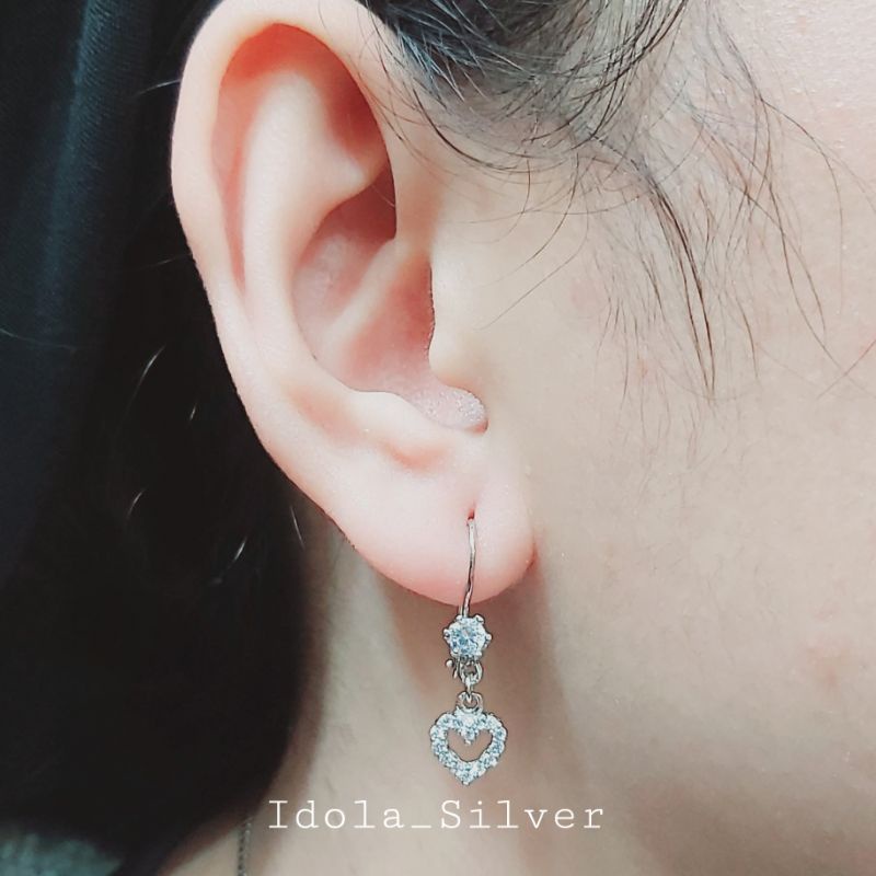 ANTING PERAK ASLI SILVER 925 LAPIS EMAS MODEL KAIT GANTUNGAN LOVE PERMATA - PERHIASAN PERAK WANITA