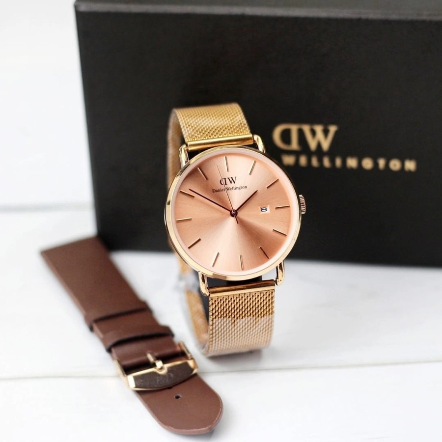 Jam Tangan Couple DW Analog Tanggal Aktif Rantai Pasir Free Tali Kulit