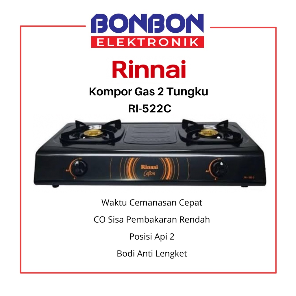 Rinnai Kompor Gas 2 Tungku RI-522C / RI 522 C / RI522C Ceflon