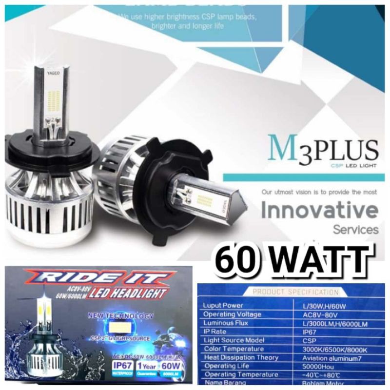 BOHLAM LAMPU LED MOTOR 3 SISI 4 SISI DOP LED M3 M4 60 WATT 80 WATT RIDE IT BEAT TIGER VARIO VIXION UNIVERSAL-4