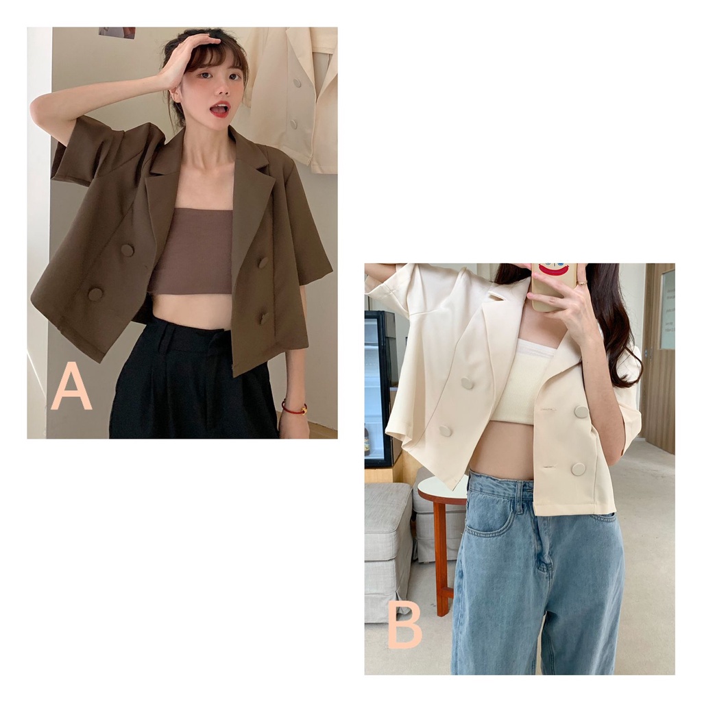 Blazer Blouse Kemeja Wanita Lengan Pendek Kasual Korea Import Crop