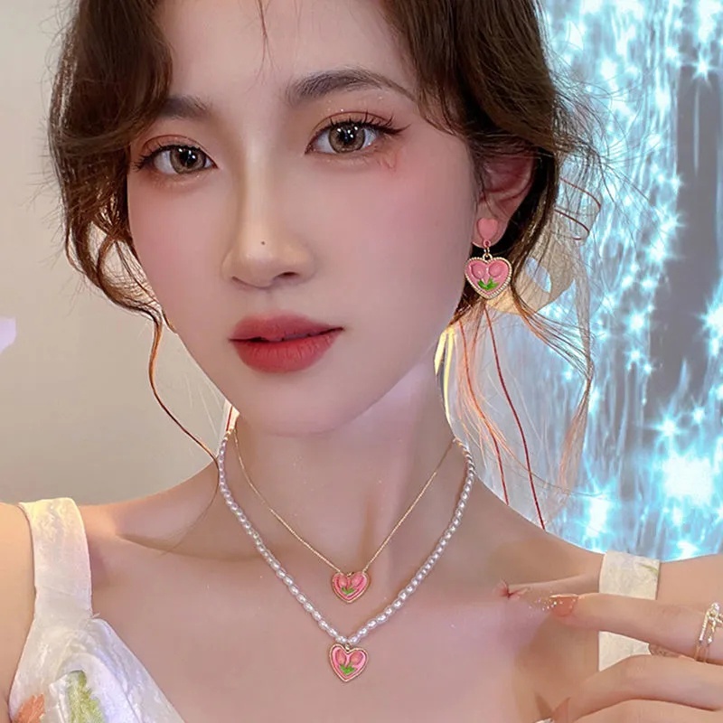 Kalung Choker Liontin Hati Tulip Pink Aksen Mutiara Untuk Wanita