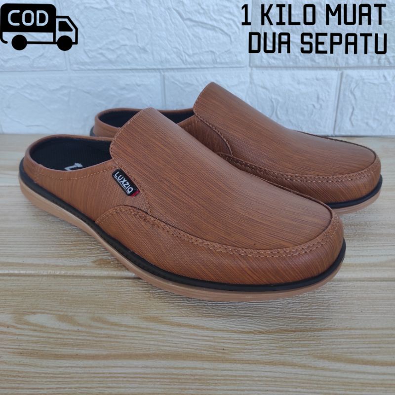 39-44 Selop Bustong Pria Coklat Slip On Import Kasual Sol Karet Lentur Kulit Cowok Slop Kantoran