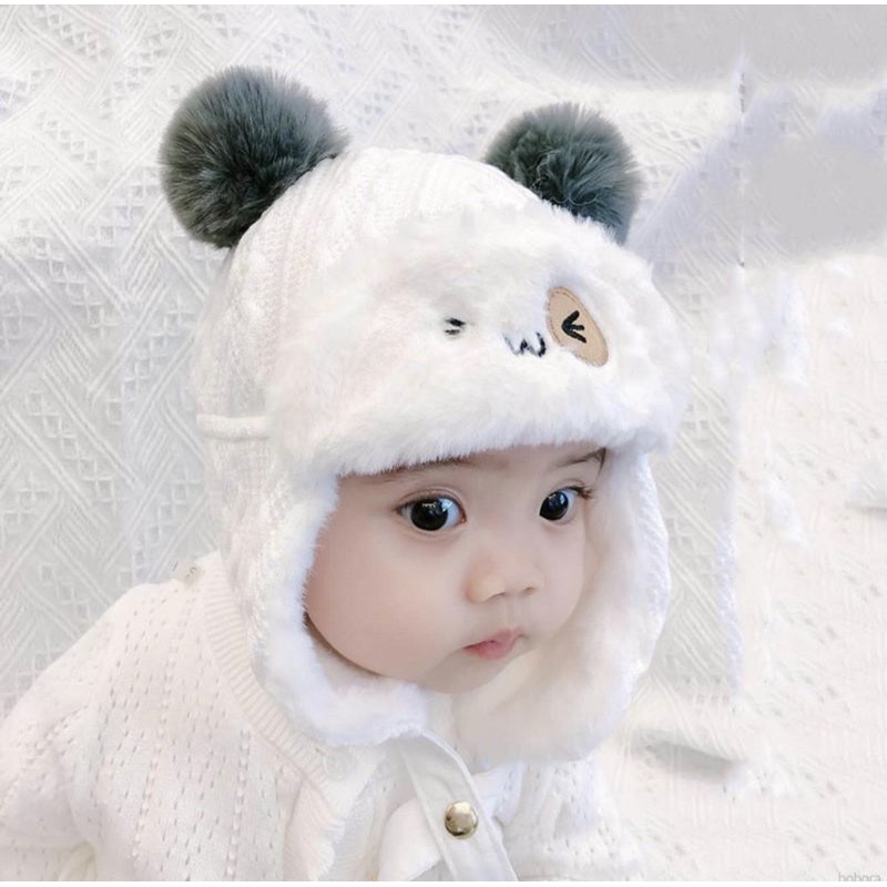 Topi Anak Penutup Telinga Bayi Bahan Velvet Tebal Wink-Putih
