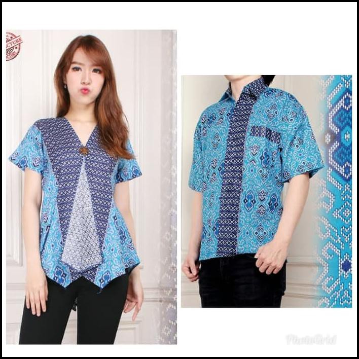 COUPLE MIDI DRESS BATIK ORLIN DAN KEMEJA BATIK PRIA - BIRU MUDA
