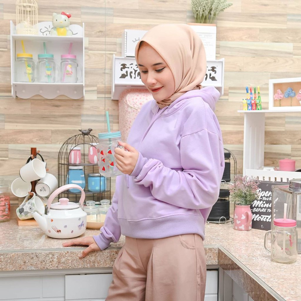 Hoodie Crop Bella - Allsize - Bahan Fleece - Wanita